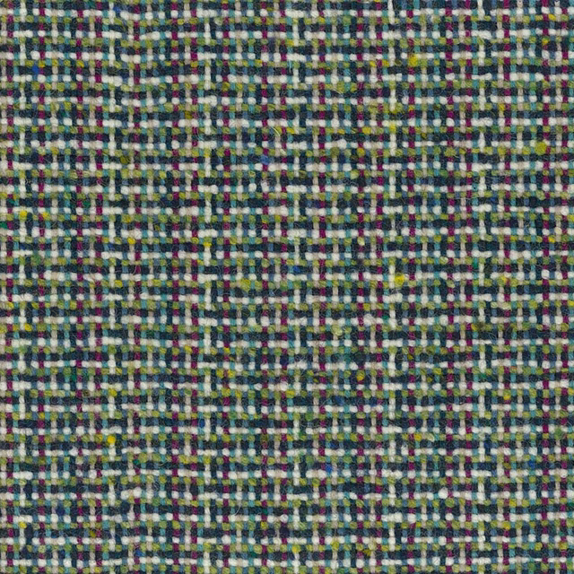 Close-up of olive green checked weave with buttercup yellow, cream, navy and burgundy flecks