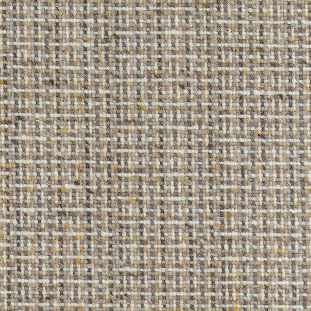 Close-up of warm taupe, grey, cream and brown nubby woven check fabric