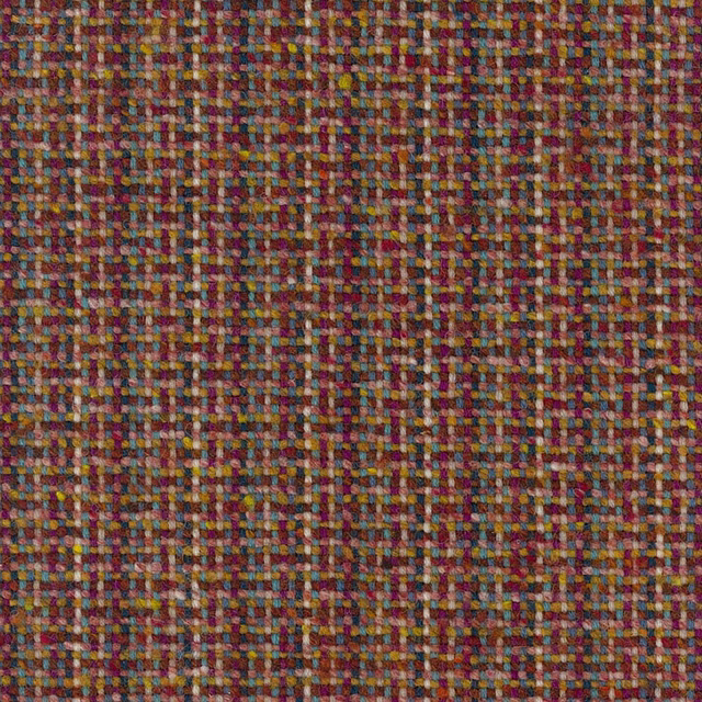 Textured small-check upholstery fabric in rust, berry, ochre, teal and olive tones