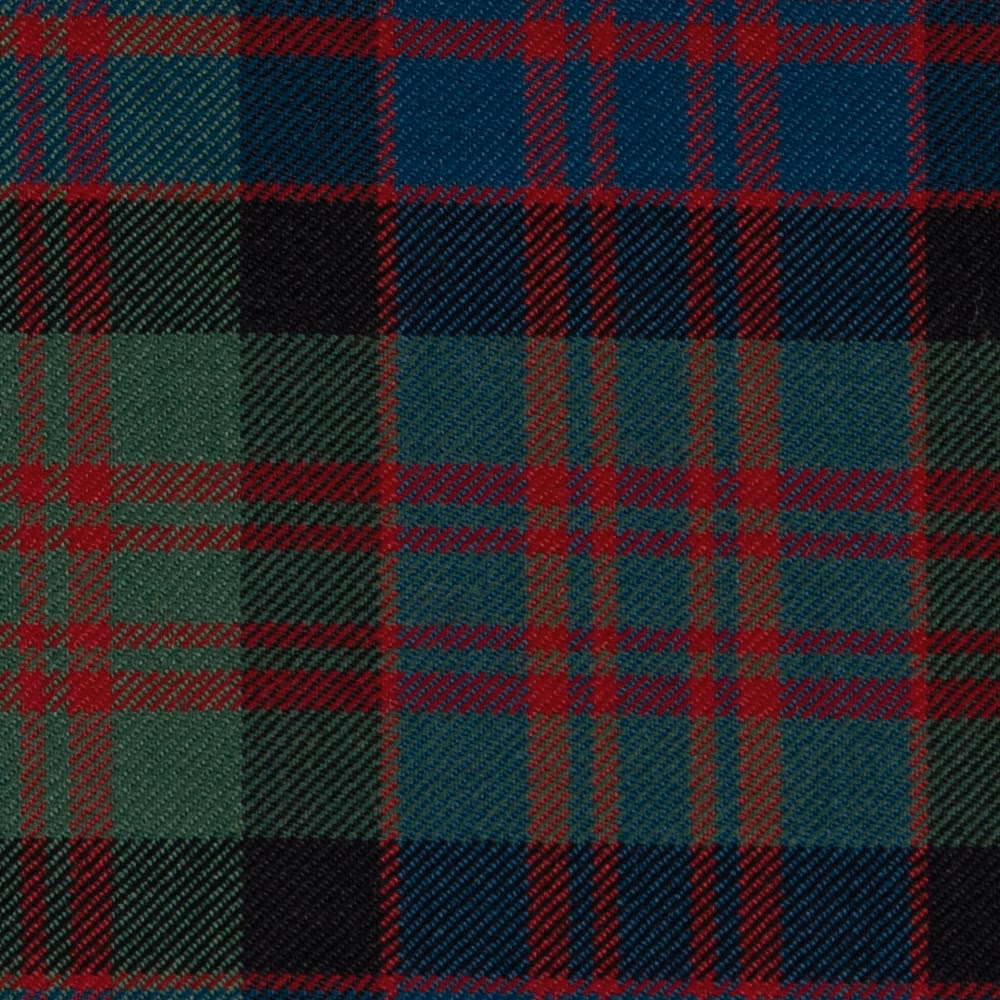 Close-up of muted forest green, teal and navy tartan with red checks and diagonal twill