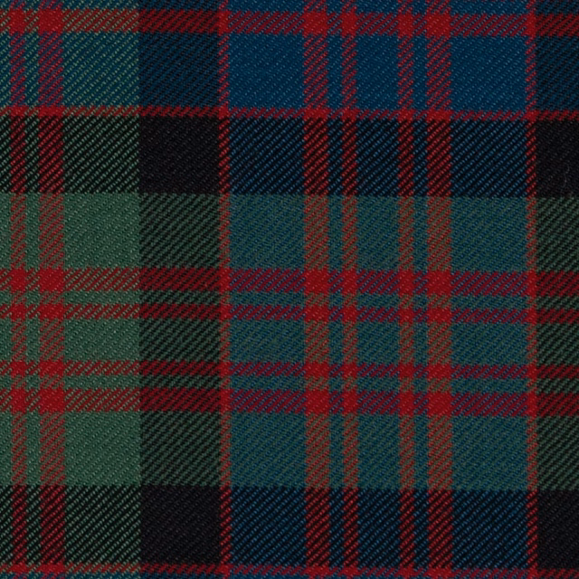 Close-up of muted forest green, teal and navy tartan with red checks and diagonal twill