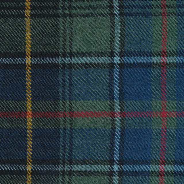 Close-up of navy, green and teal tartan with yellow, red and pale blue woven lines