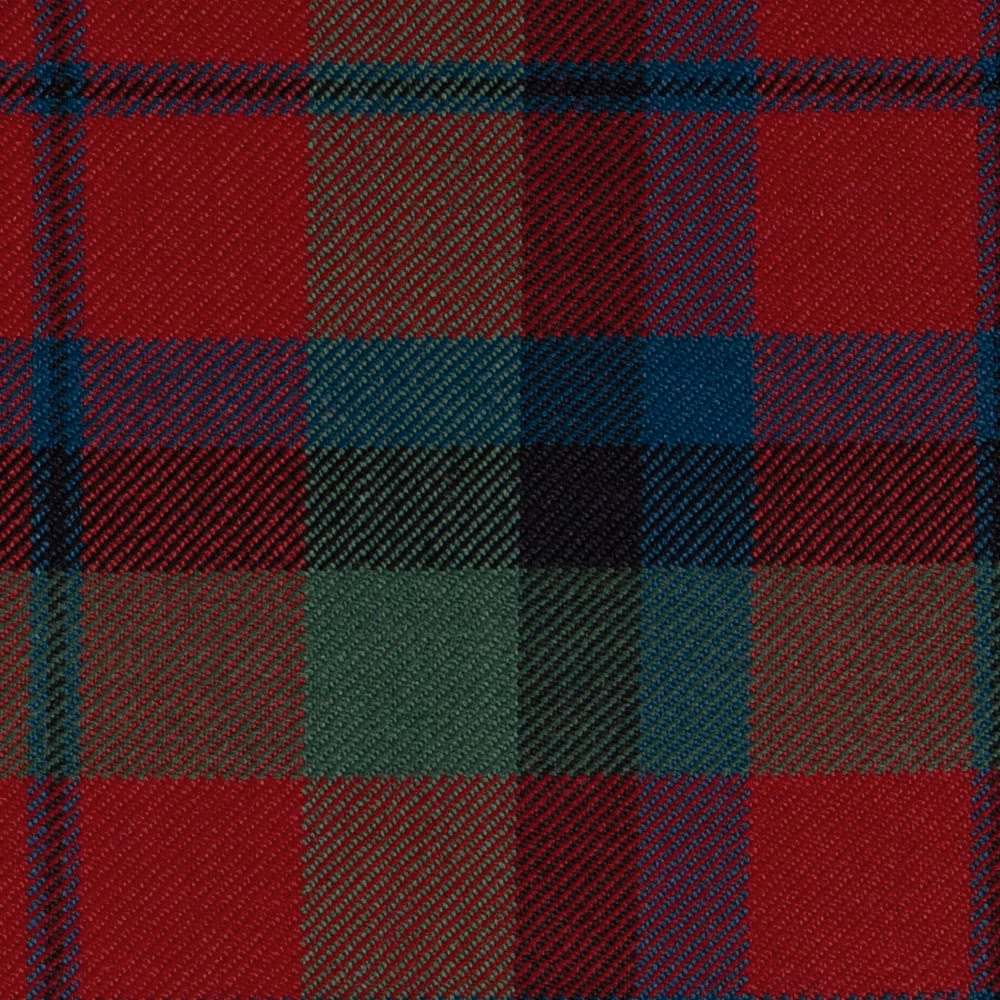 Deep red, forest green and blue tartan with a ridged woven check