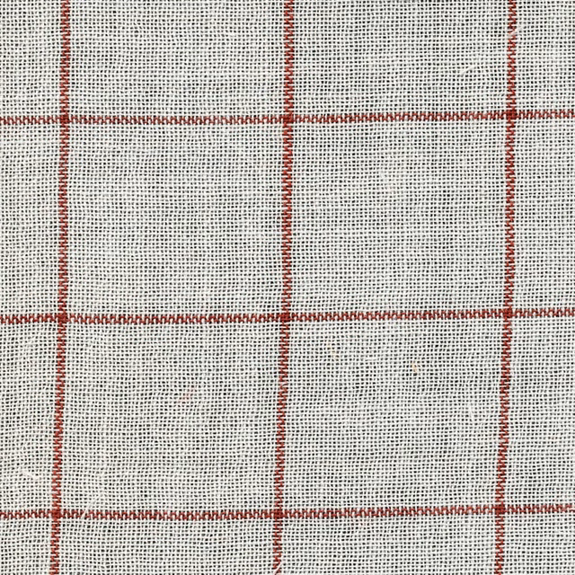 Warm ivory open-weave sheer with evenly spaced red windowpane checks
