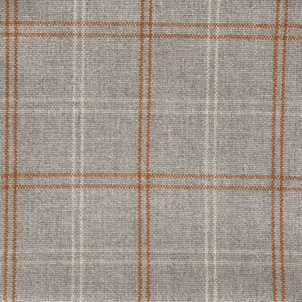 Grey-taupe woven plaid with rust-amber lines and fine crosshatch texture