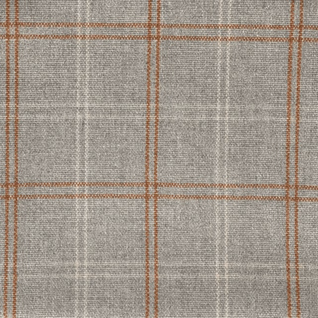 Grey-taupe woven plaid with rust-amber lines and fine crosshatch texture