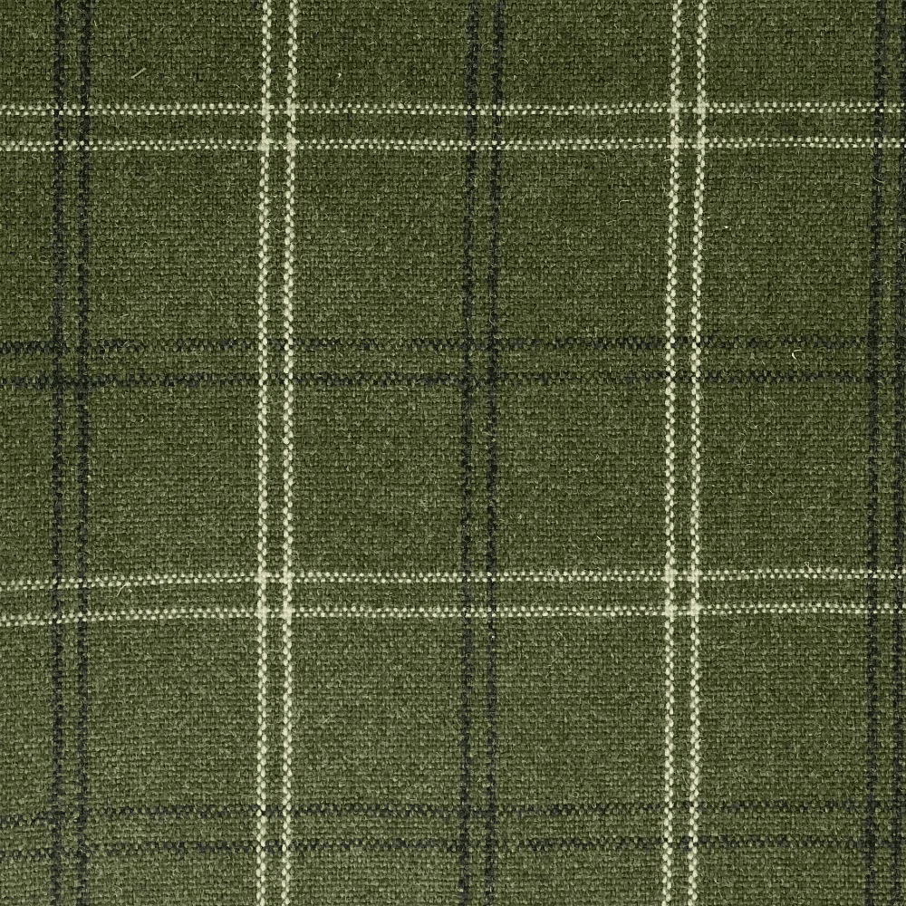 Moss olive plaid with pale windowpane lines and a coarse woven texture