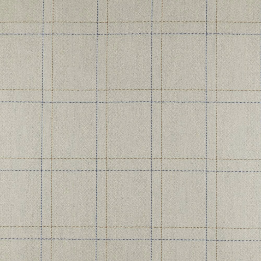 Pale greige plaid fabric with fine blue-grey and olive woven grid lines
