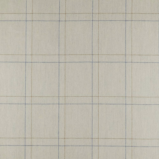 Pale greige plaid fabric with fine blue-grey and olive woven grid lines