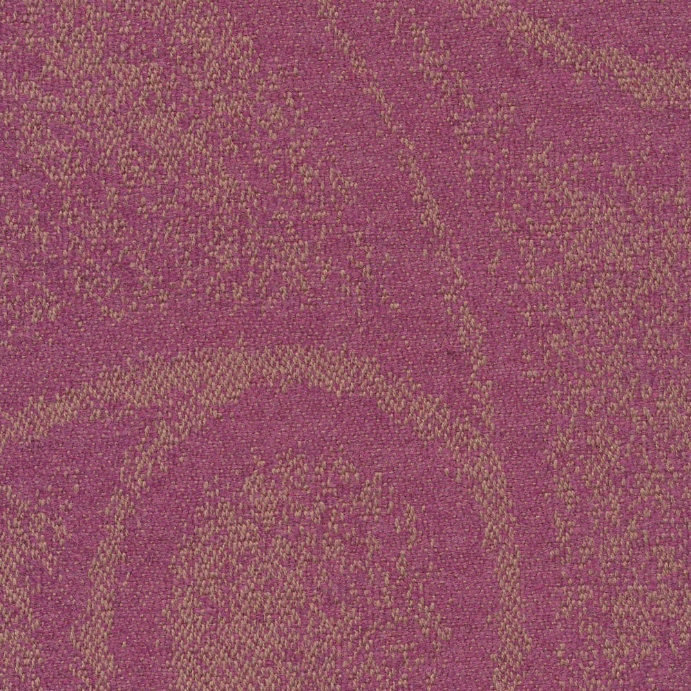 Damson purple woven fabric with olive-gold flecks and broad organic patterning
