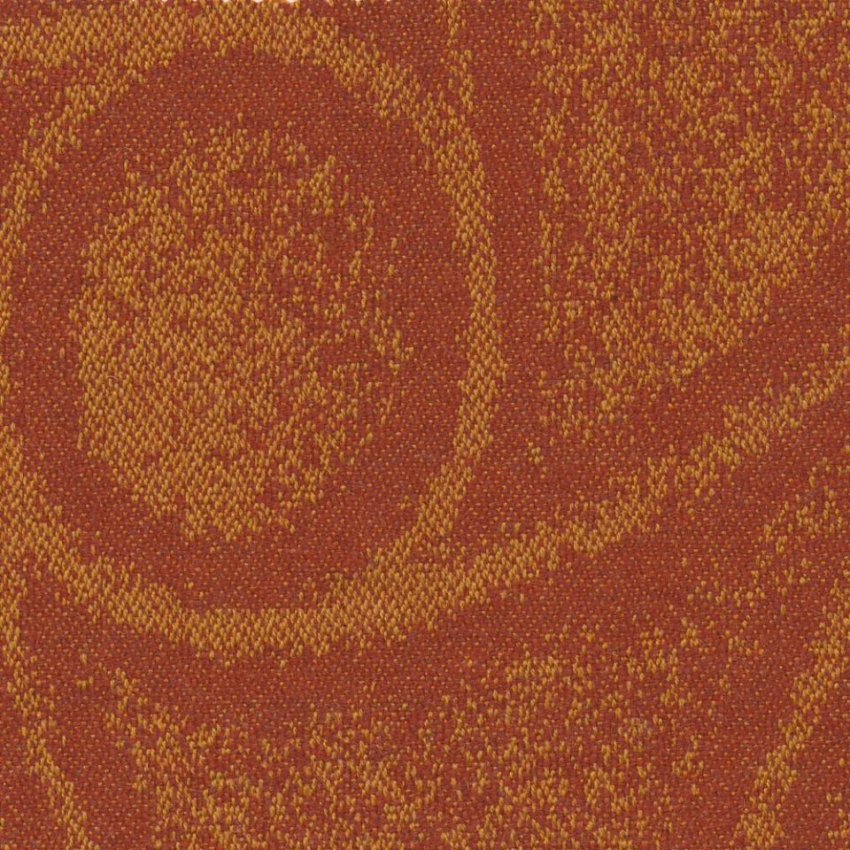 Dark amber woven textile with mustard-ochre organic rings and nubby flecked texture