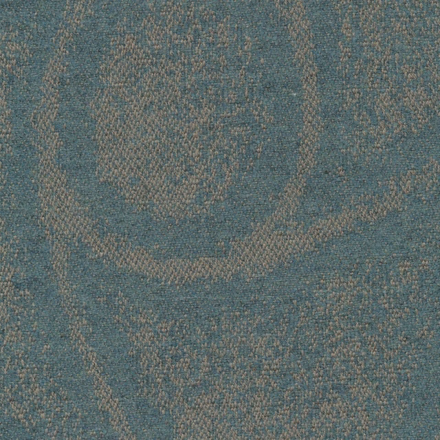 Close-up of muted teal woven fabric with large mottled taupe organic markings