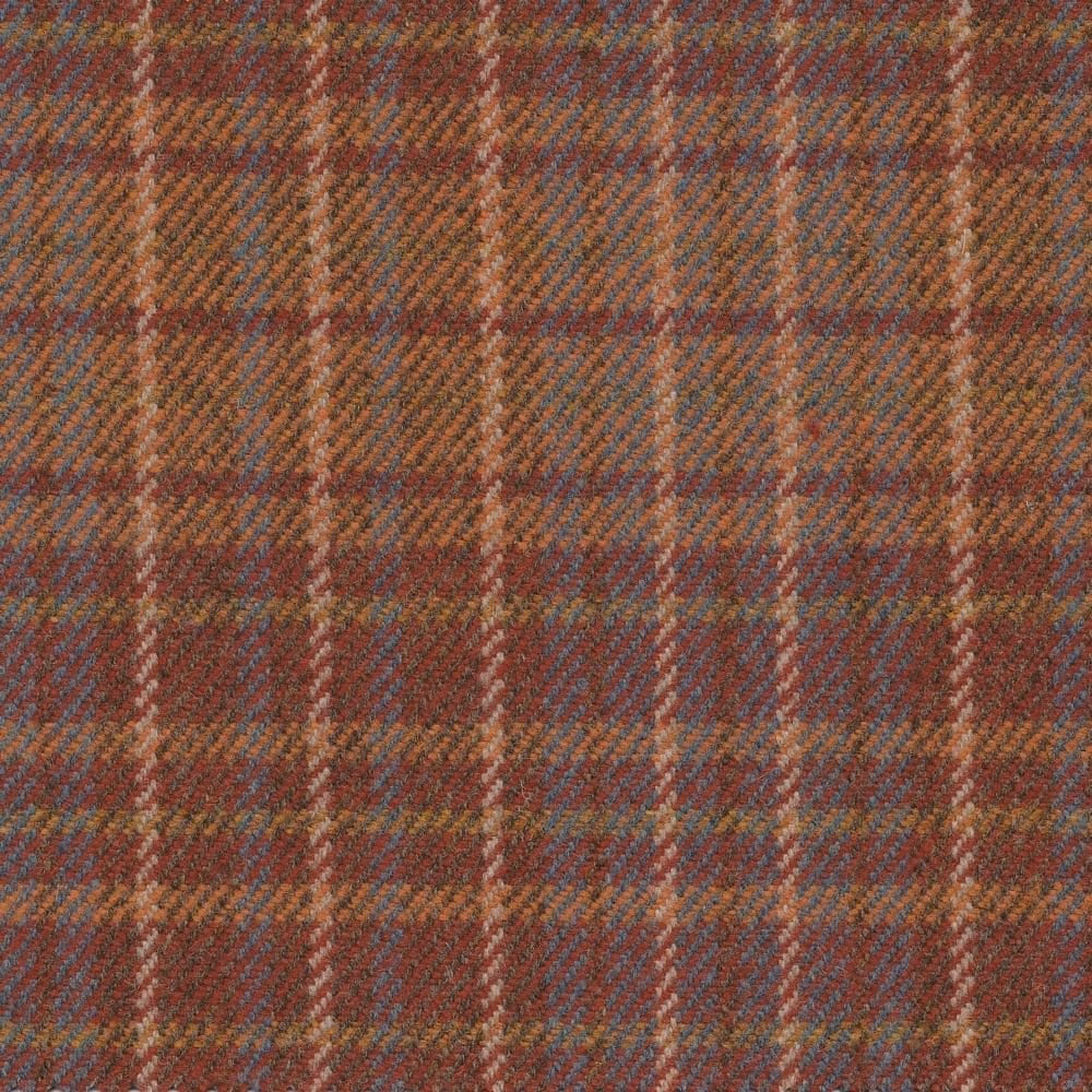 Close-up of muted rust plaid weave with brown, blue-grey and cream lines
