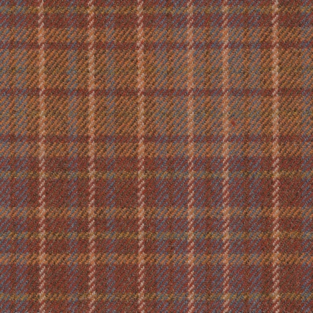 Close-up of muted rust plaid weave with brown, blue-grey and cream lines