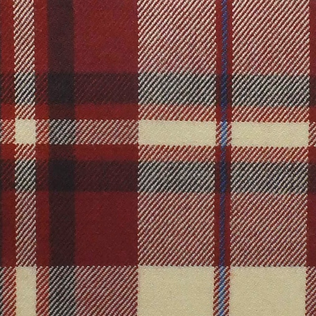Claret red tartan plaid with cream checks, dark bands and a fine blue stripe