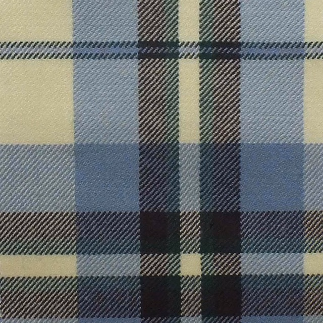 Muted lavender-blue plaid fabric with cream checks, charcoal bands and visible diagonal twill weave