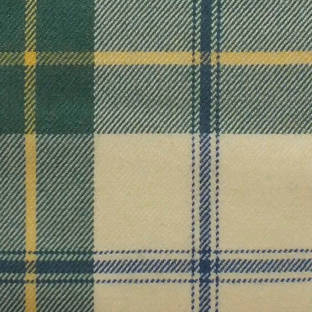 Close view of Skye Green tartan weave in forest green, cream, navy and ochre.