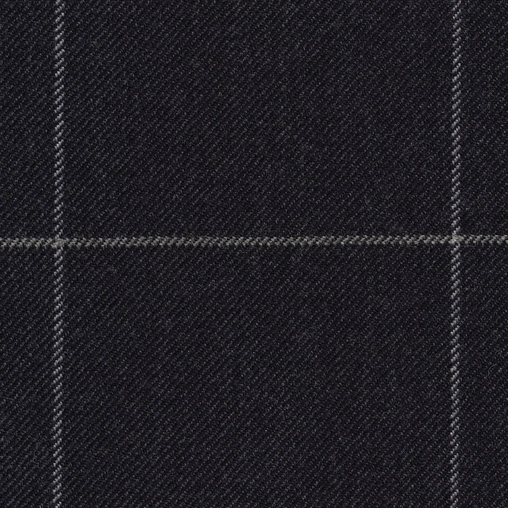 Midnight blue-black twill fabric with fine grey windowpane lines
