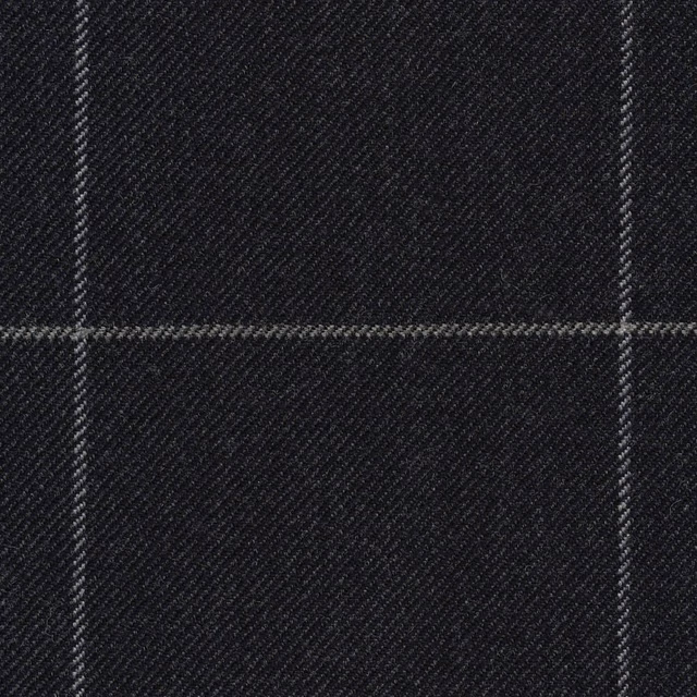 Midnight blue-black twill fabric with fine grey windowpane lines