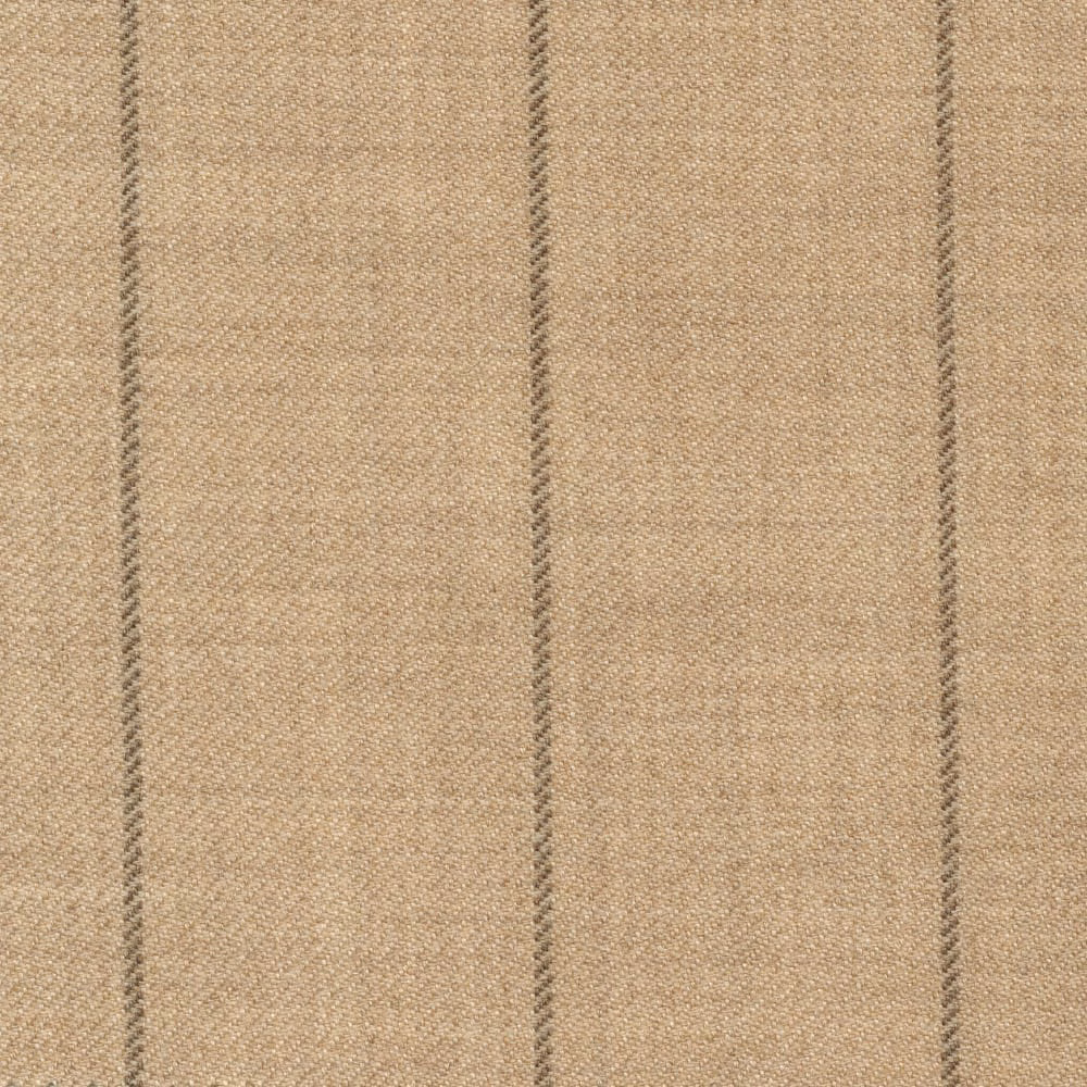 Warm sand-beige woven fabric with narrow taupe vertical stripes and tactile texture