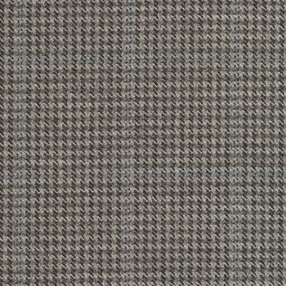 Close-up of steel-grey fabric with a fine charcoal and pale herringbone weave