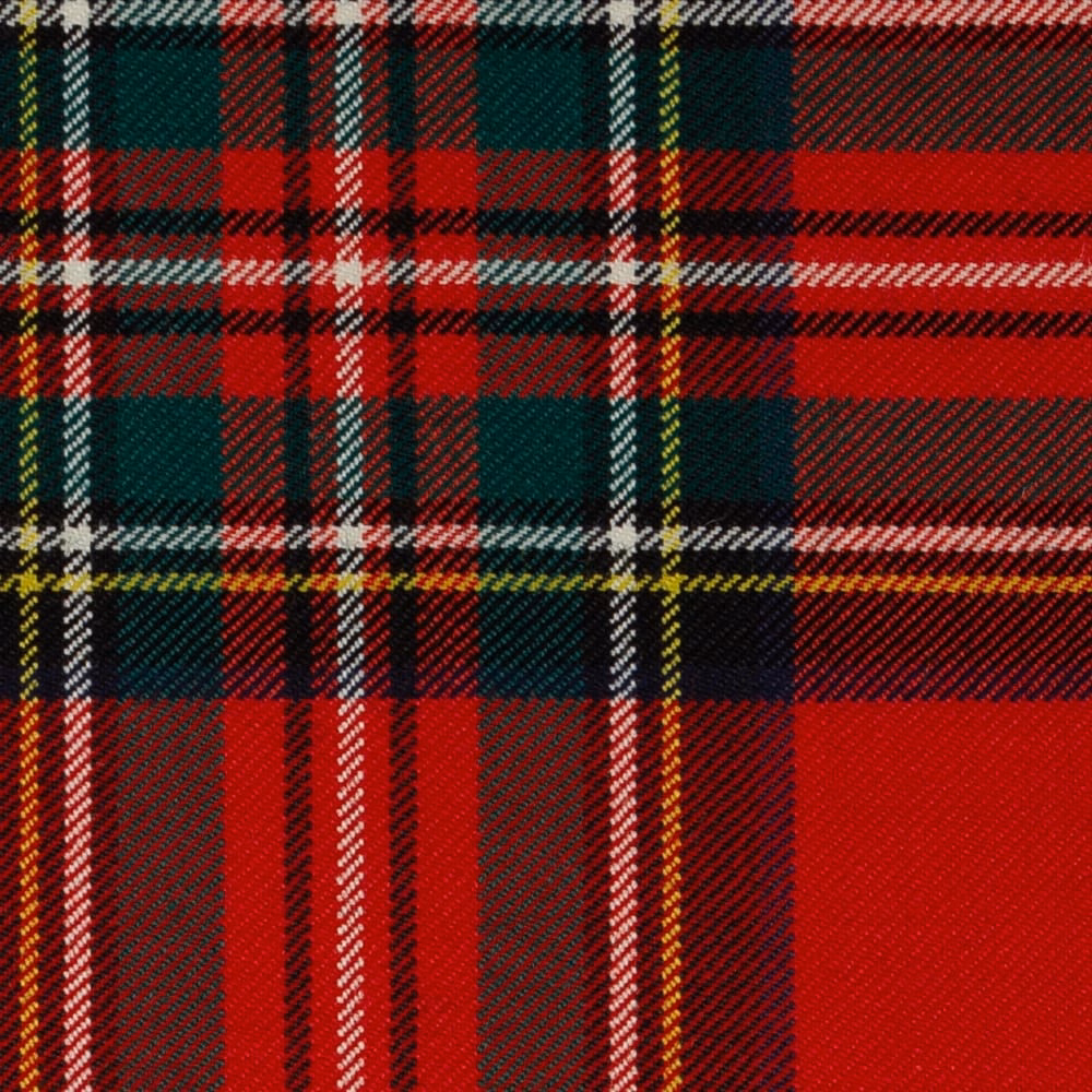 Deep red tartan with forest green blocks, black lines, cream and yellow pinstripes