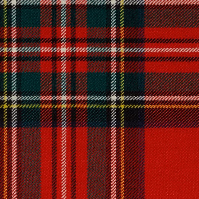 Deep red tartan with forest green blocks, black lines, cream and yellow pinstripes