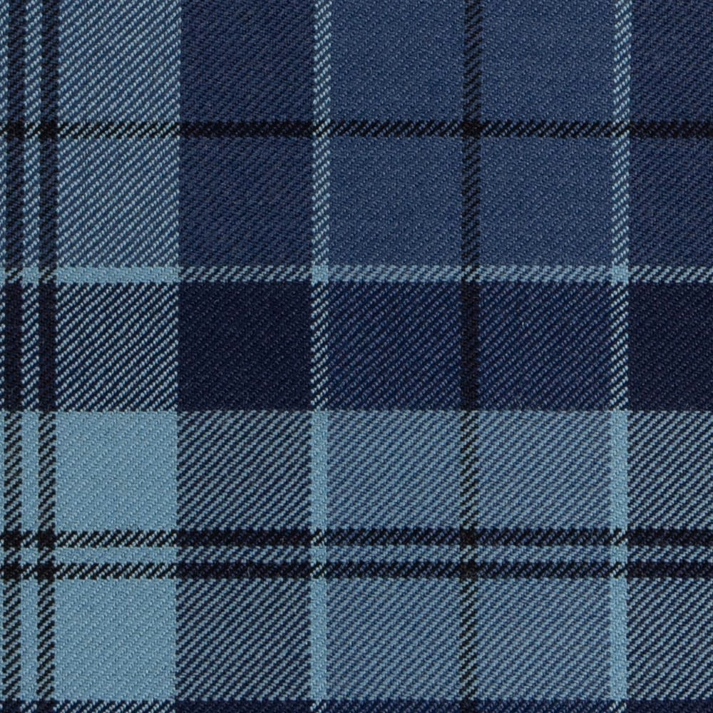 Deep navy tartan with pale blue-grey checks and a fine diagonal twill weave