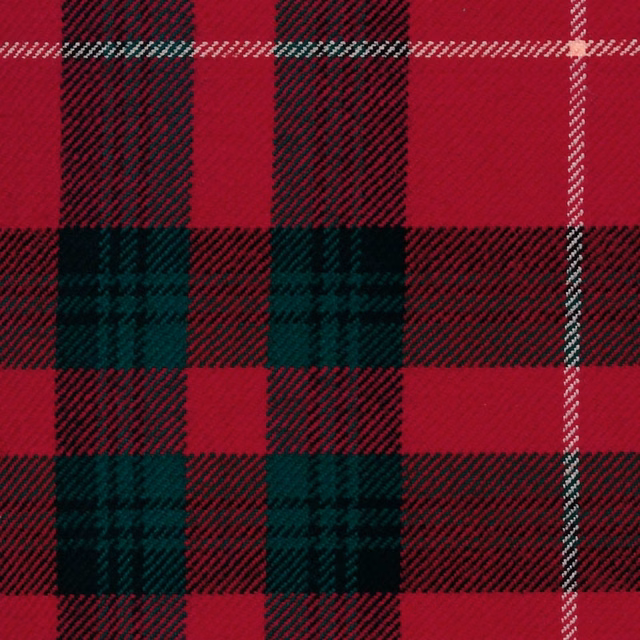 Deep crimson tartan with black blocks, forest-green checks and a fine diagonal twill