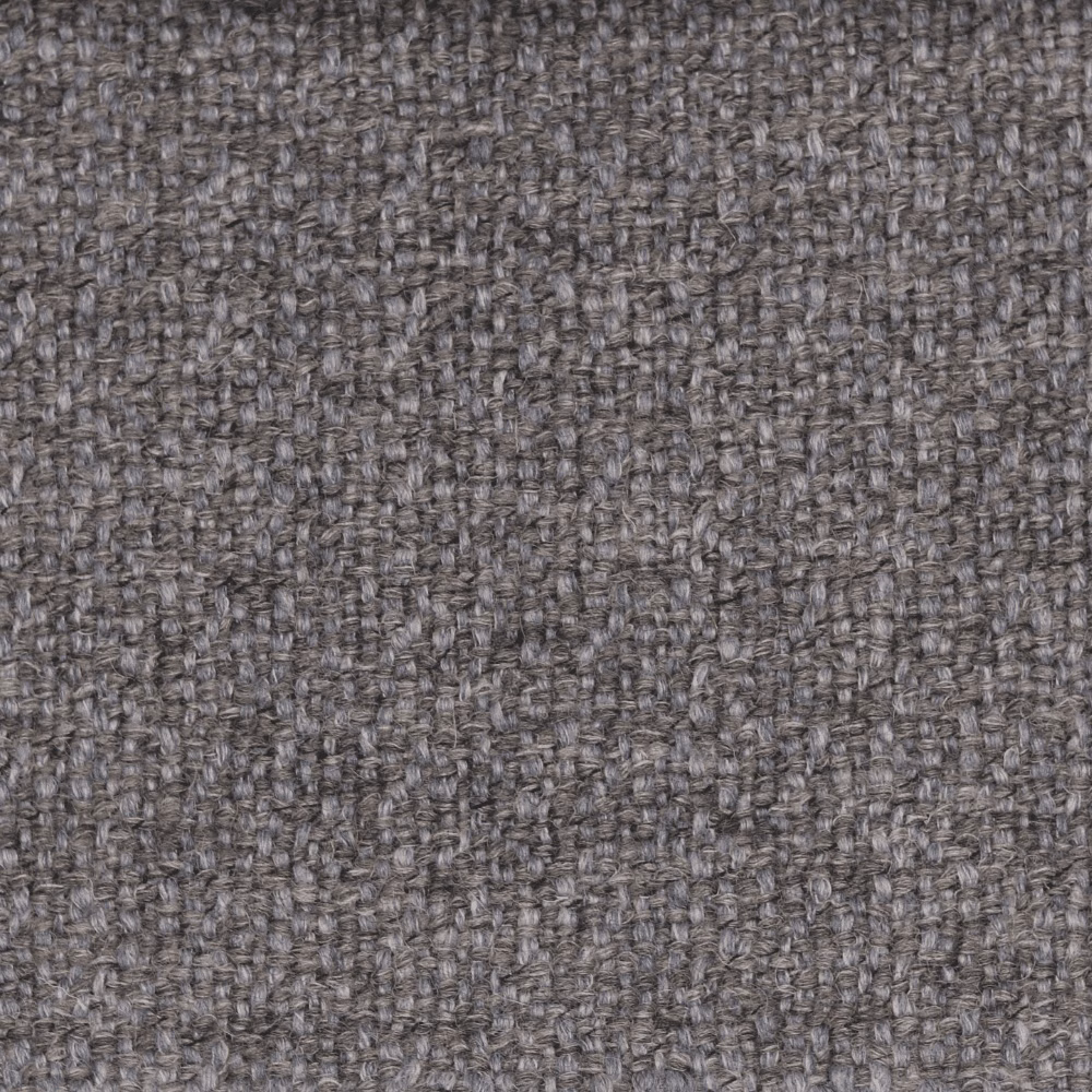 Close-up of cool smoke-grey wool-linen weave with flecked, knobbly texture