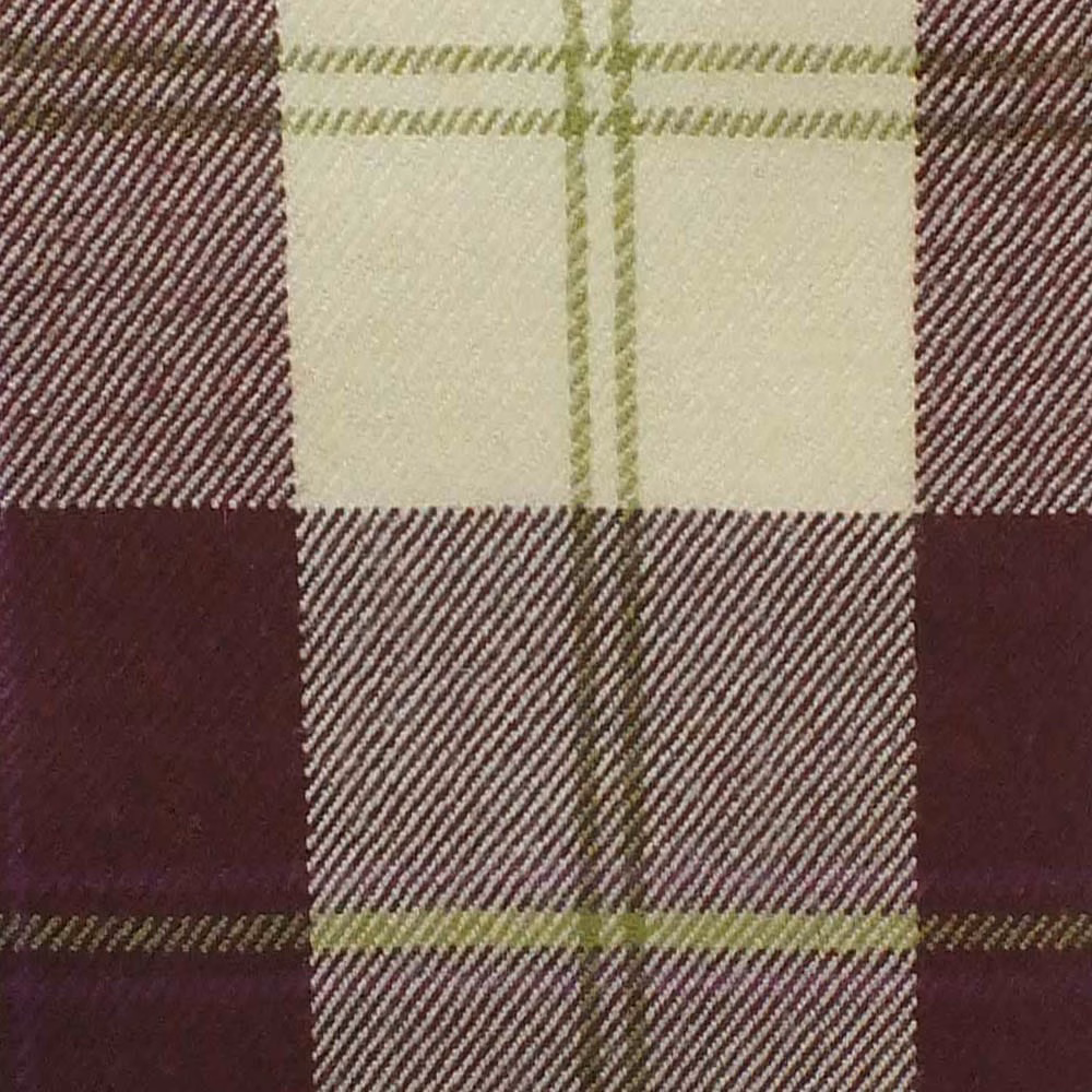 Deep burgundy plaid with cream blocks, olive lines and diagonal woven texture