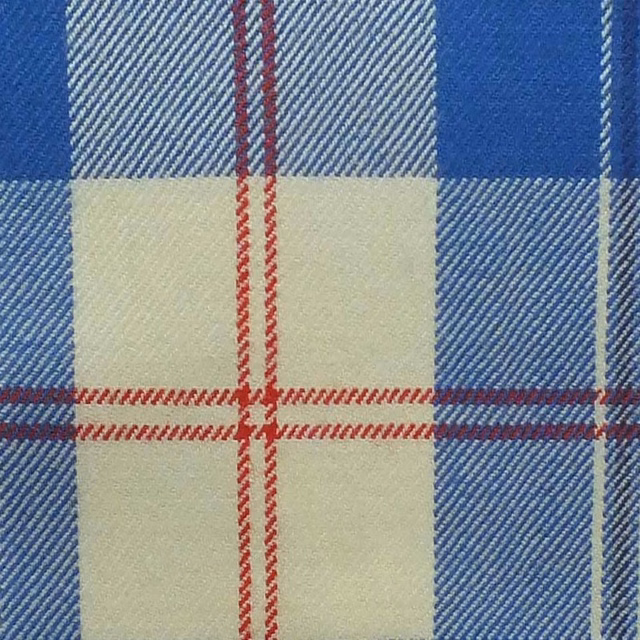 Royal blue and cream tartan fabric with fine red lines and diagonal twill texture