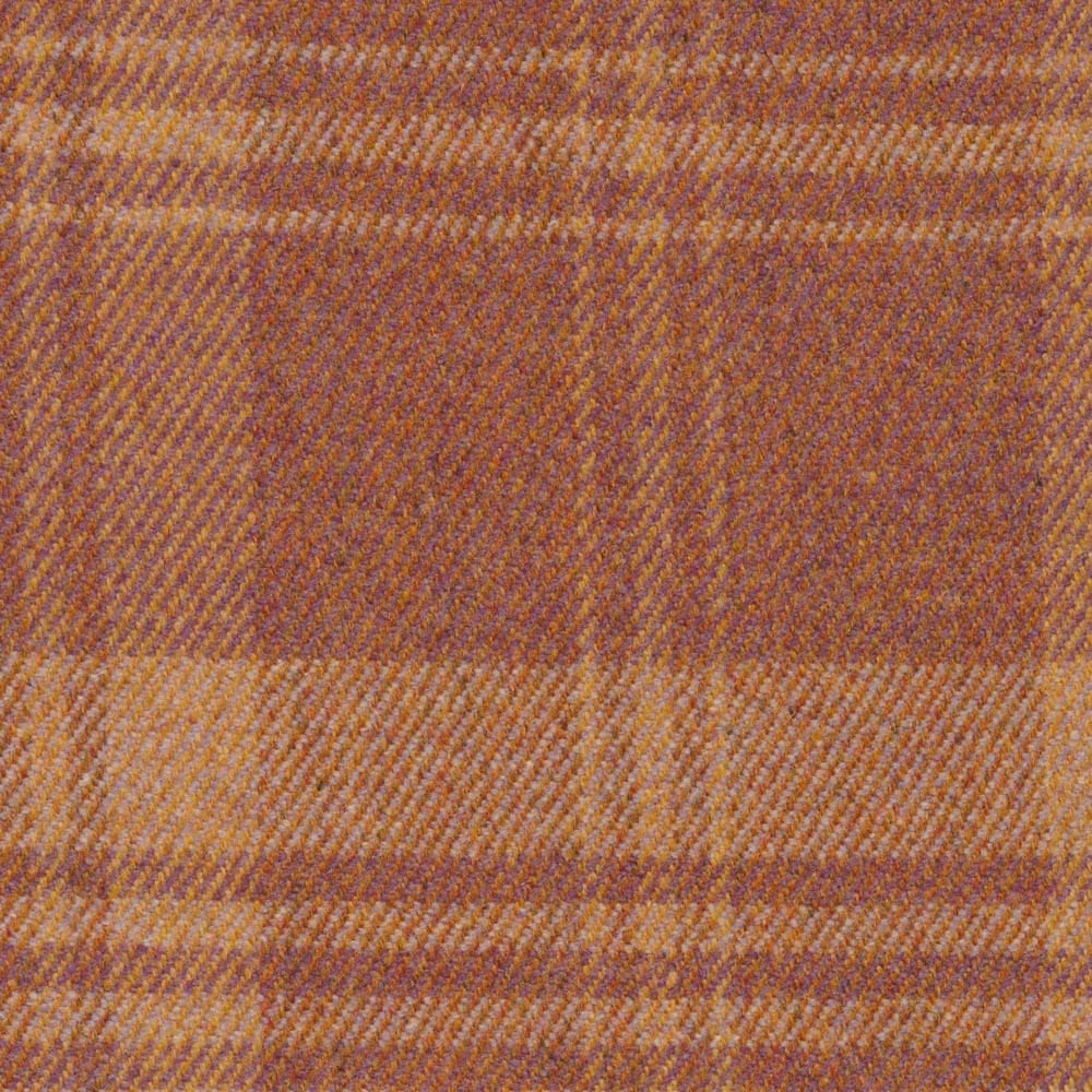 Close-up of russet brown herringbone weave with plum, ochre and cream bands