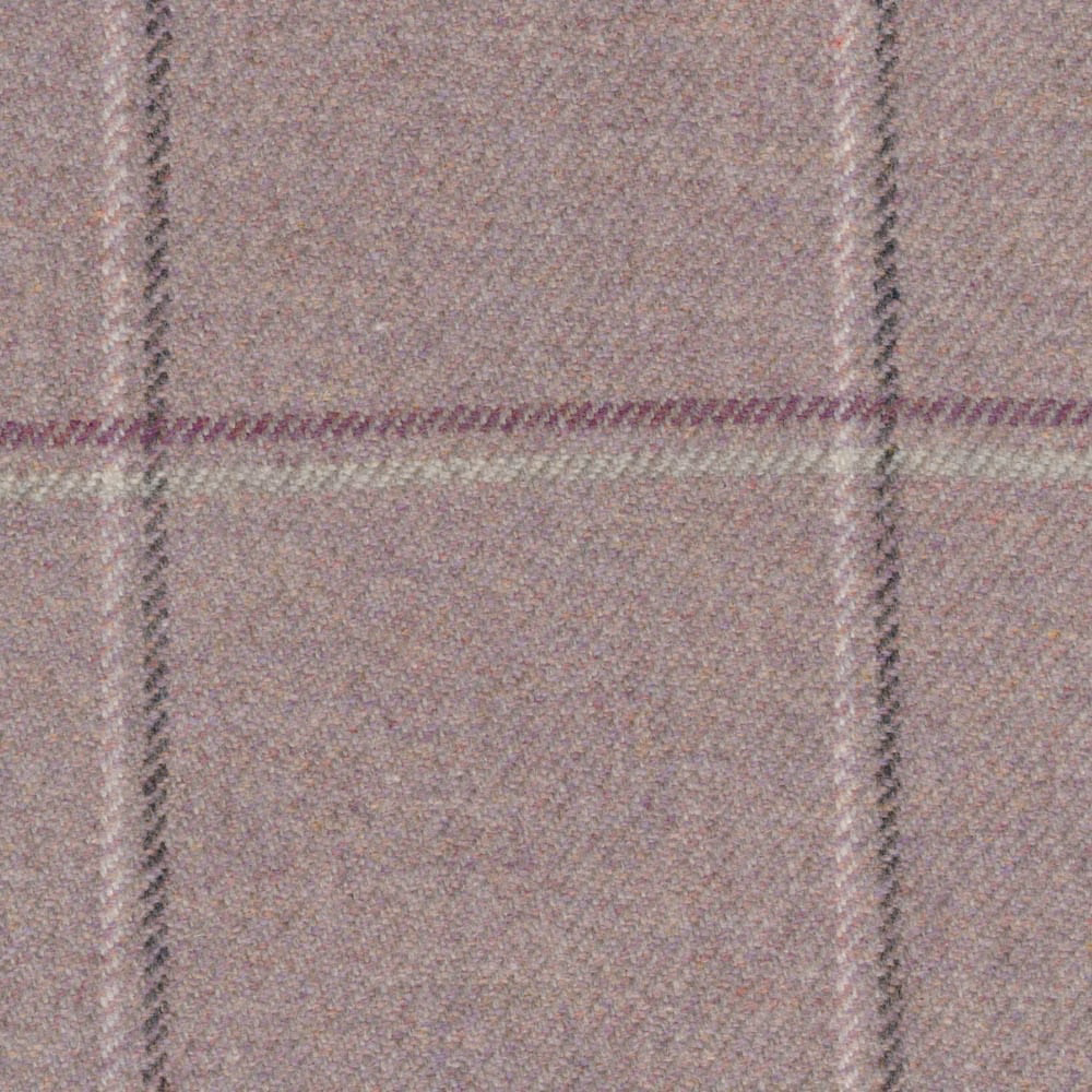 Muted berry-taupe herringbone weave with plum and pale sage windowpane lines