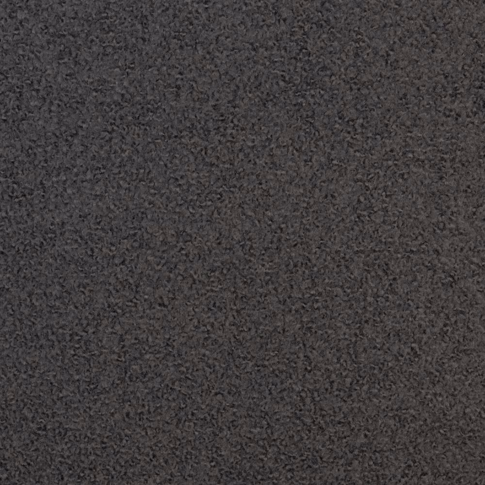 Dense dark charcoal bouclé showing softly curled graphite-grey fibres
