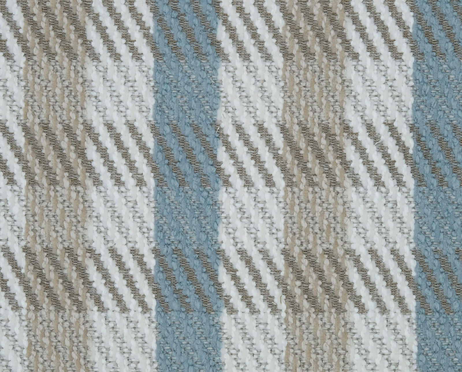 Close-up of oatmeal, white and pale blue woven gingham stripe fabric