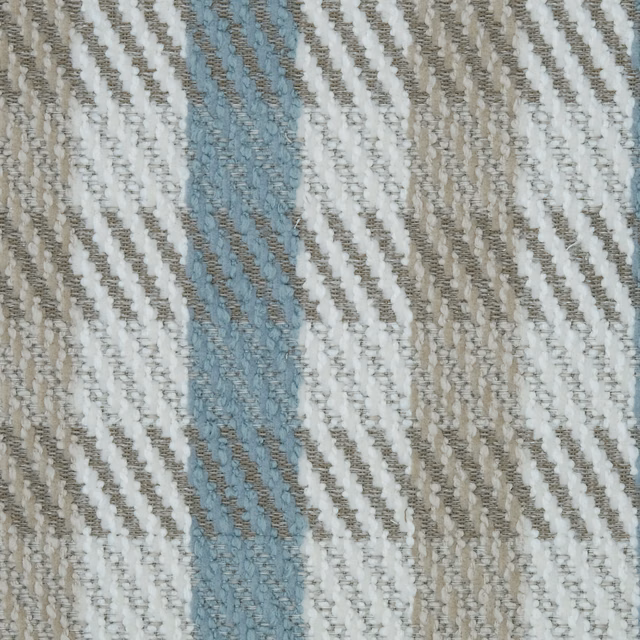 Close-up of oatmeal, white and pale blue woven gingham stripe fabric