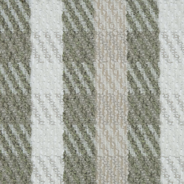 Woven sage and ivory striped gingham fabric with textured diagonal pattern