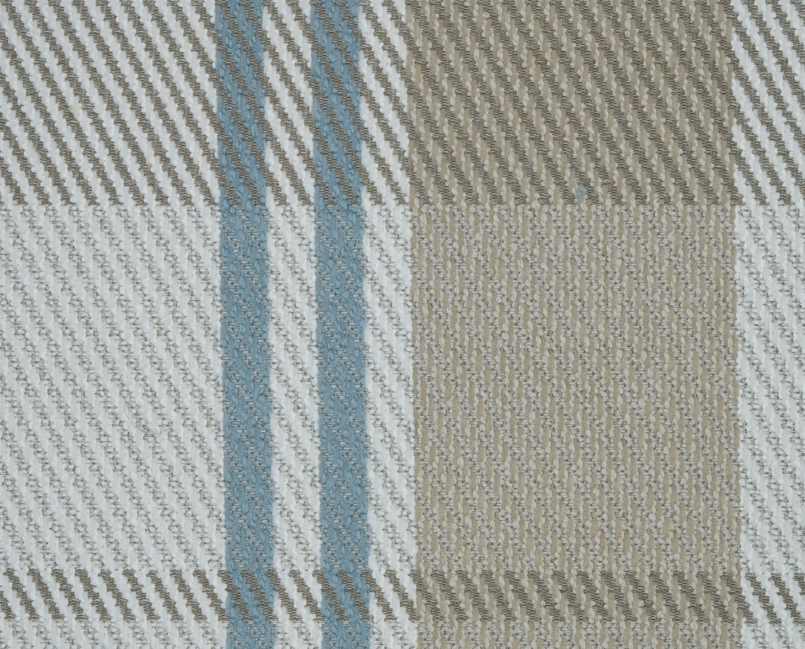 Large oatmeal and blue check woven fabric swatch with textured diagonal weave