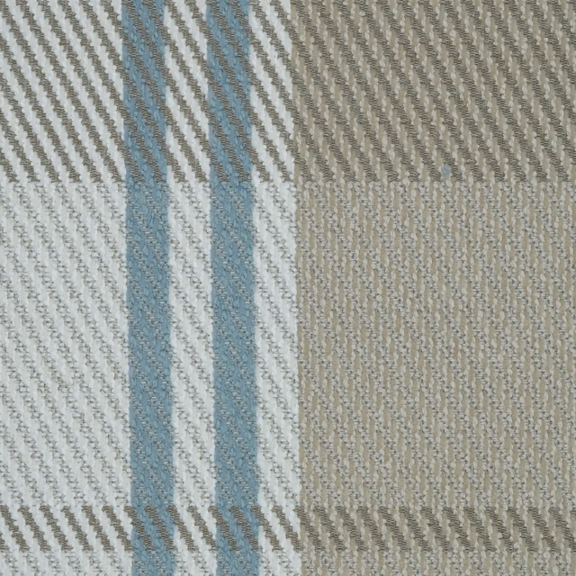 Large oatmeal and blue check woven fabric swatch with textured diagonal weave
