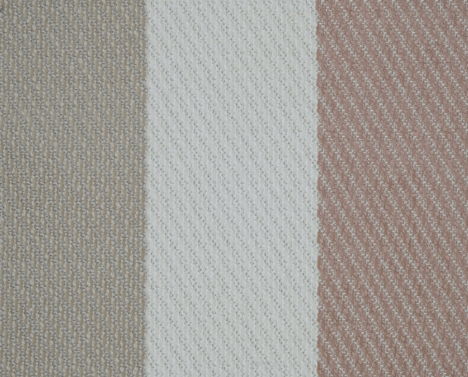 Wide vertical stripe fabric in blush pink, ivory and taupe with a fine woven texture.