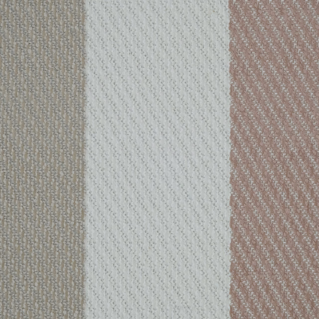 Wide vertical stripe fabric in blush pink, ivory and taupe with a fine woven texture.