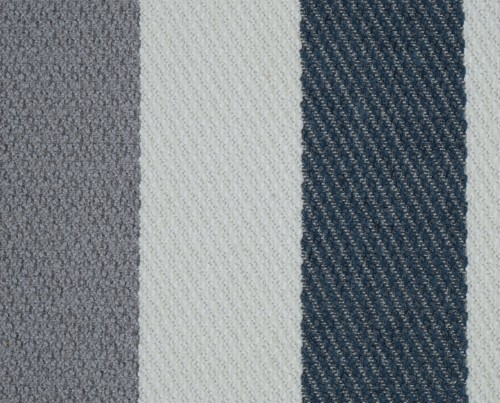 Vertical striped fabric swatch in petrol blue, pale cream and grey woven texture