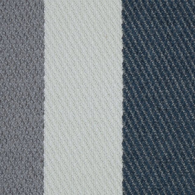 Vertical striped fabric swatch in petrol blue, pale cream and grey woven texture
