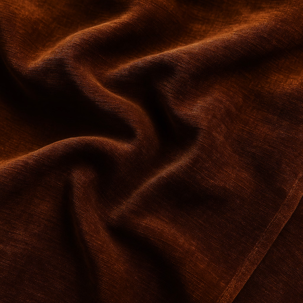 Deep copper-brown plain fabric with a soft sheen and close weave in folded drape