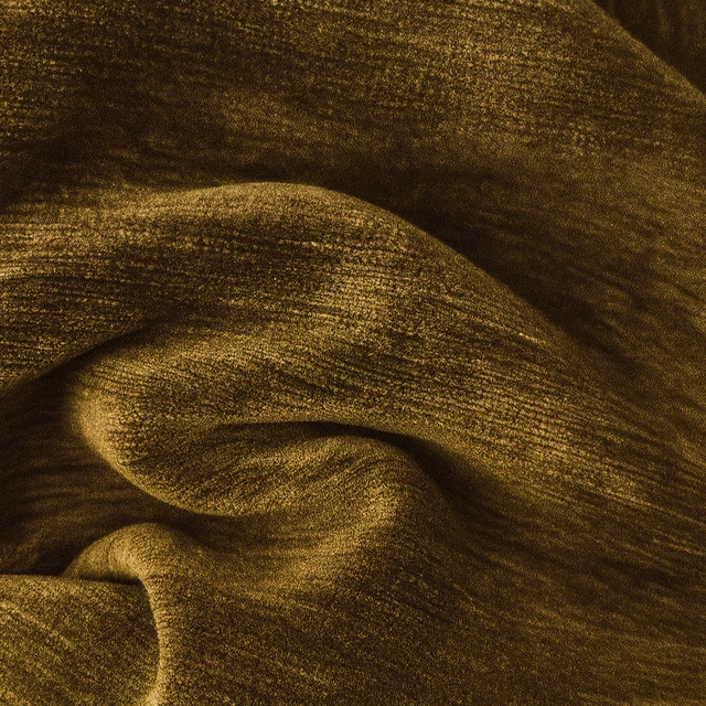 Close-up of a lustrous dark moss-gold plain fabric with soft folds