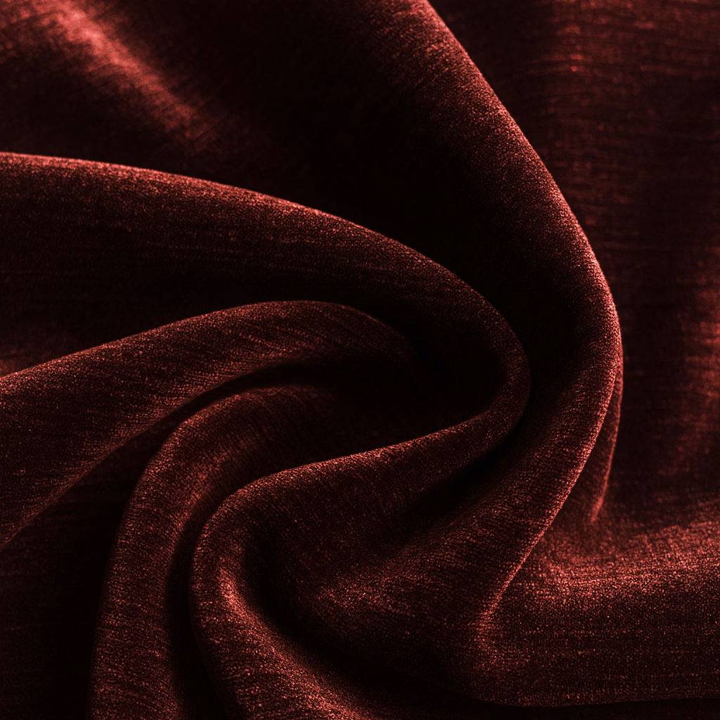 Close-up of deep oxblood red plain fabric with a soft sheen and folded drape
