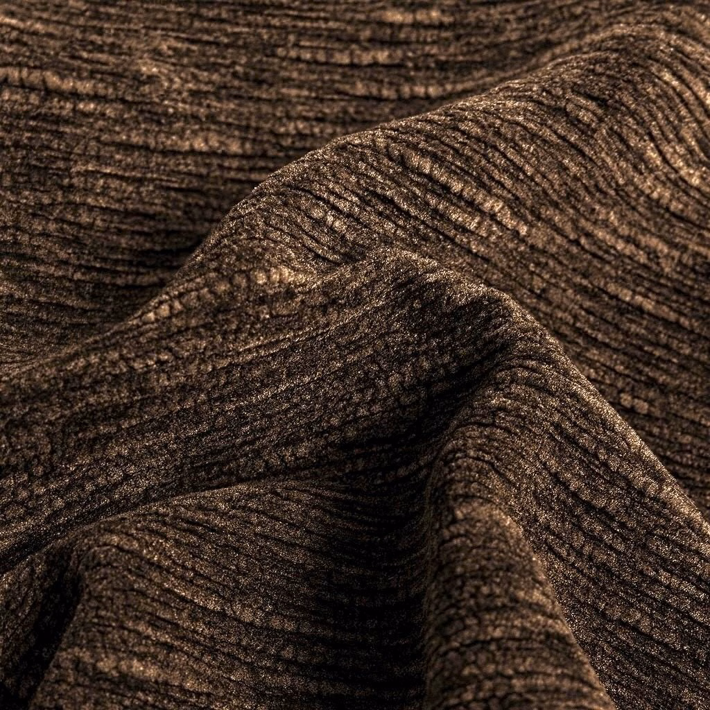 Close-up of dark truffle brown plain fabric with subtle metallic sheen and rippling folds