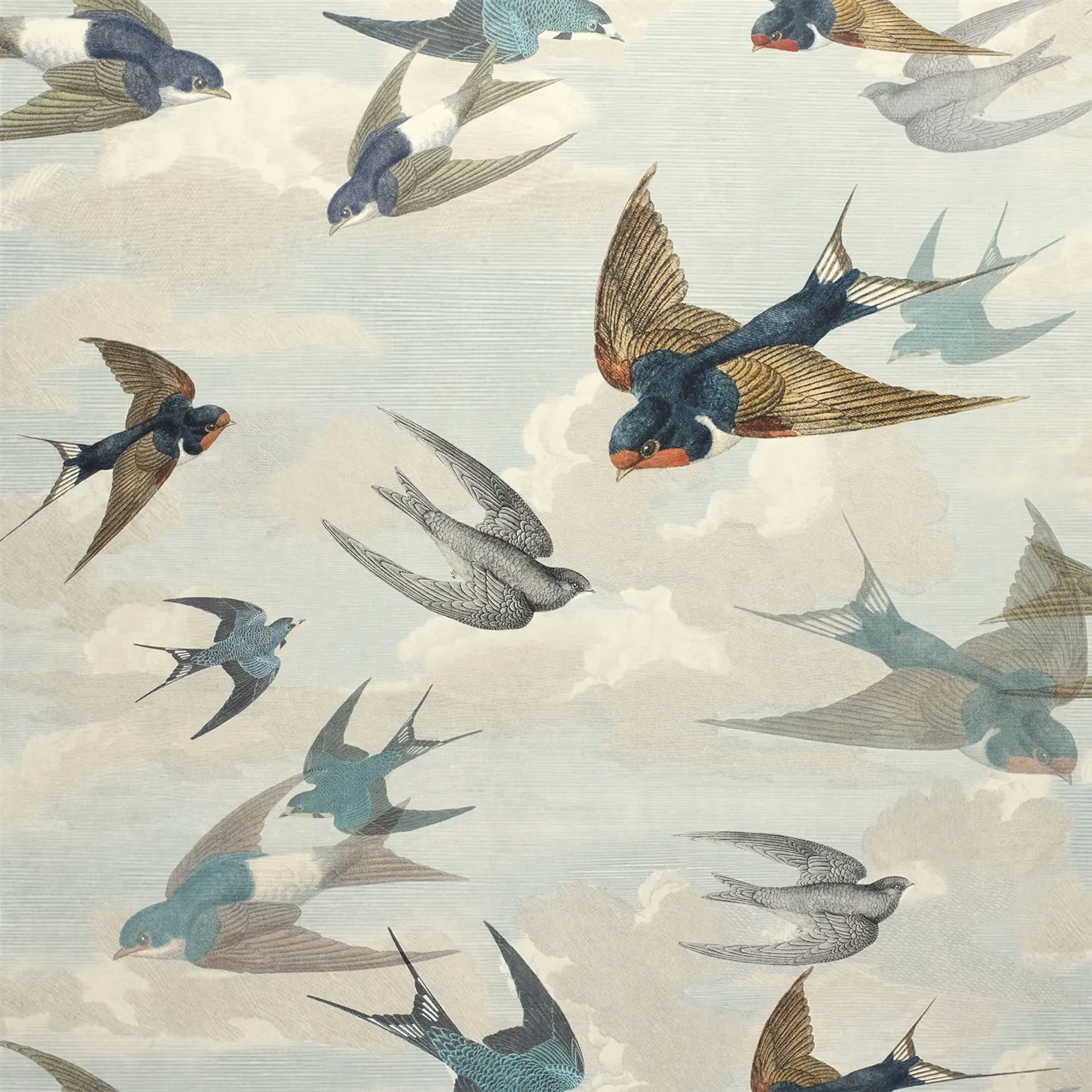 Chimney Swallows Sky Blue fabric