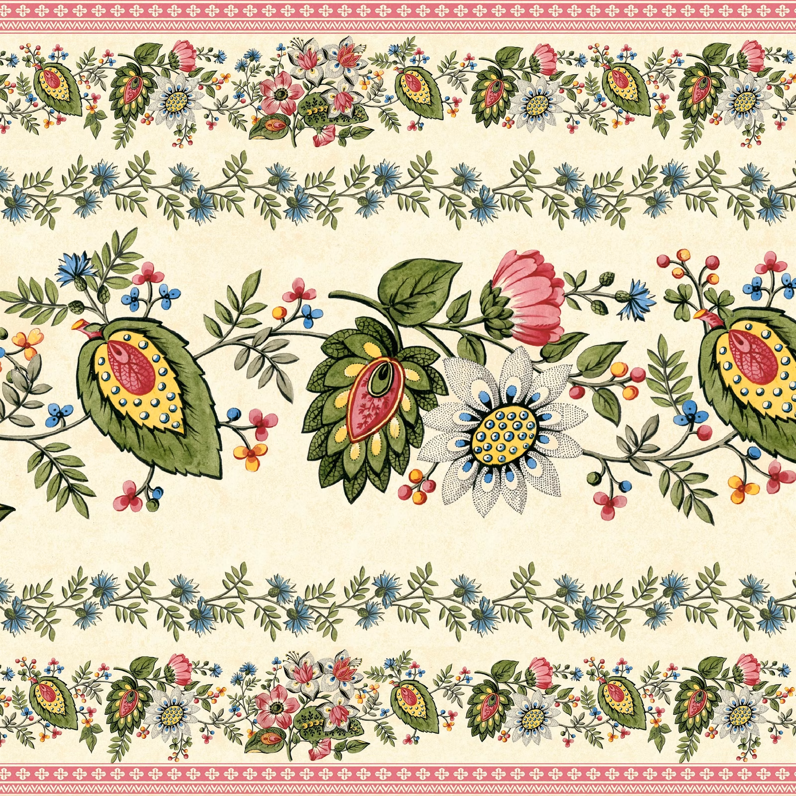 Folk Flower Wide Border Parchment fabric